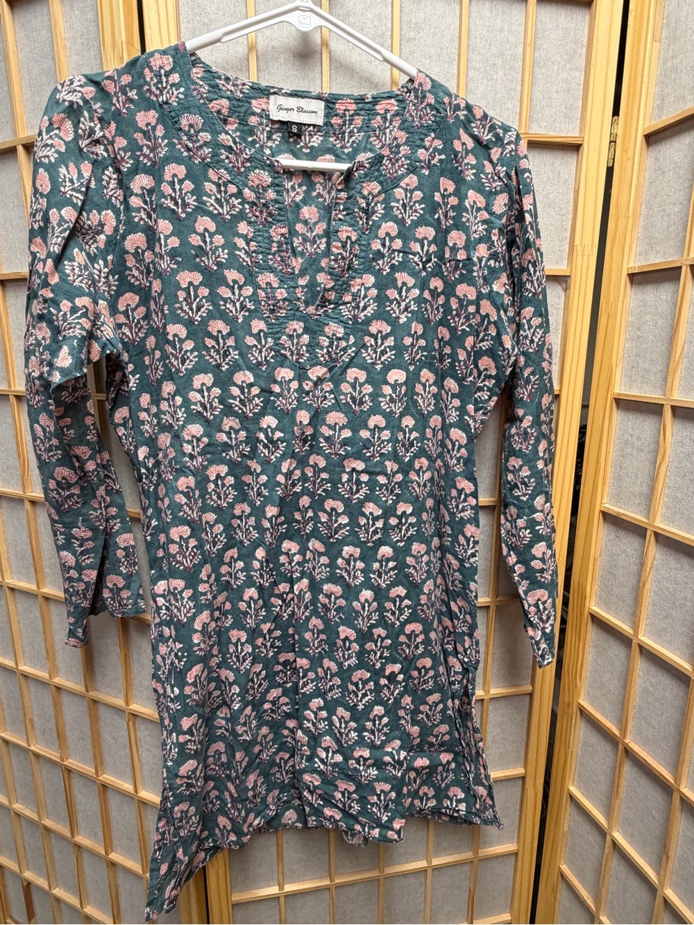 Green Floral Tunic Top with Pink Print